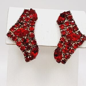 Vintage Red Rhinestone Ear Climber Clip Earrings Gold Tone